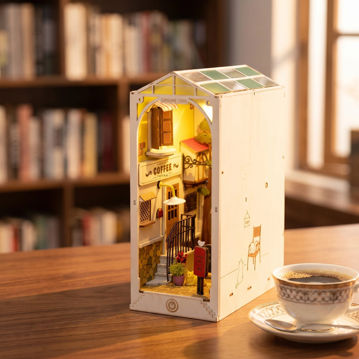 Book nook Sunshine Town de trois quarts, verrière verte et flanc gravé d'un chat