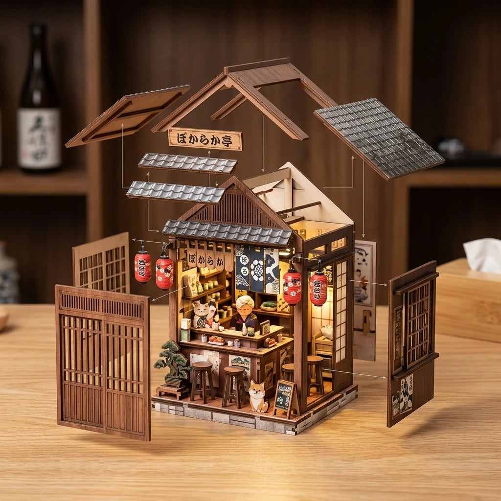 Maison miniature japonaise Taverne Bokaraka, vue éclatée des pièces détachées en bois avant montage, décoration Nook-It.