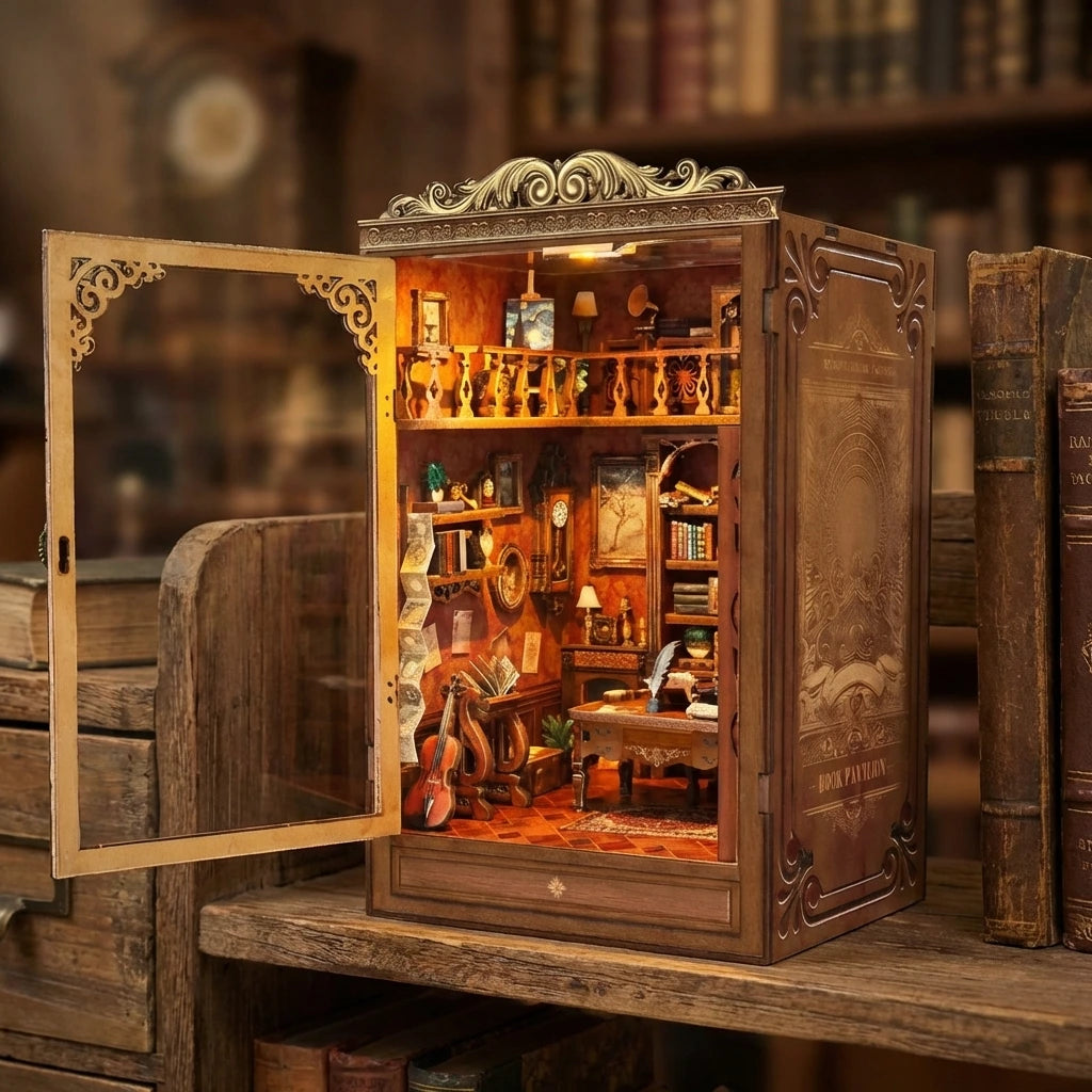 Book Nook en bois thème Time Book House - Librairie Éternelle, vue Angle 45°, éclairage LED chaleureux et porte ouverte, décoration Nook-It.