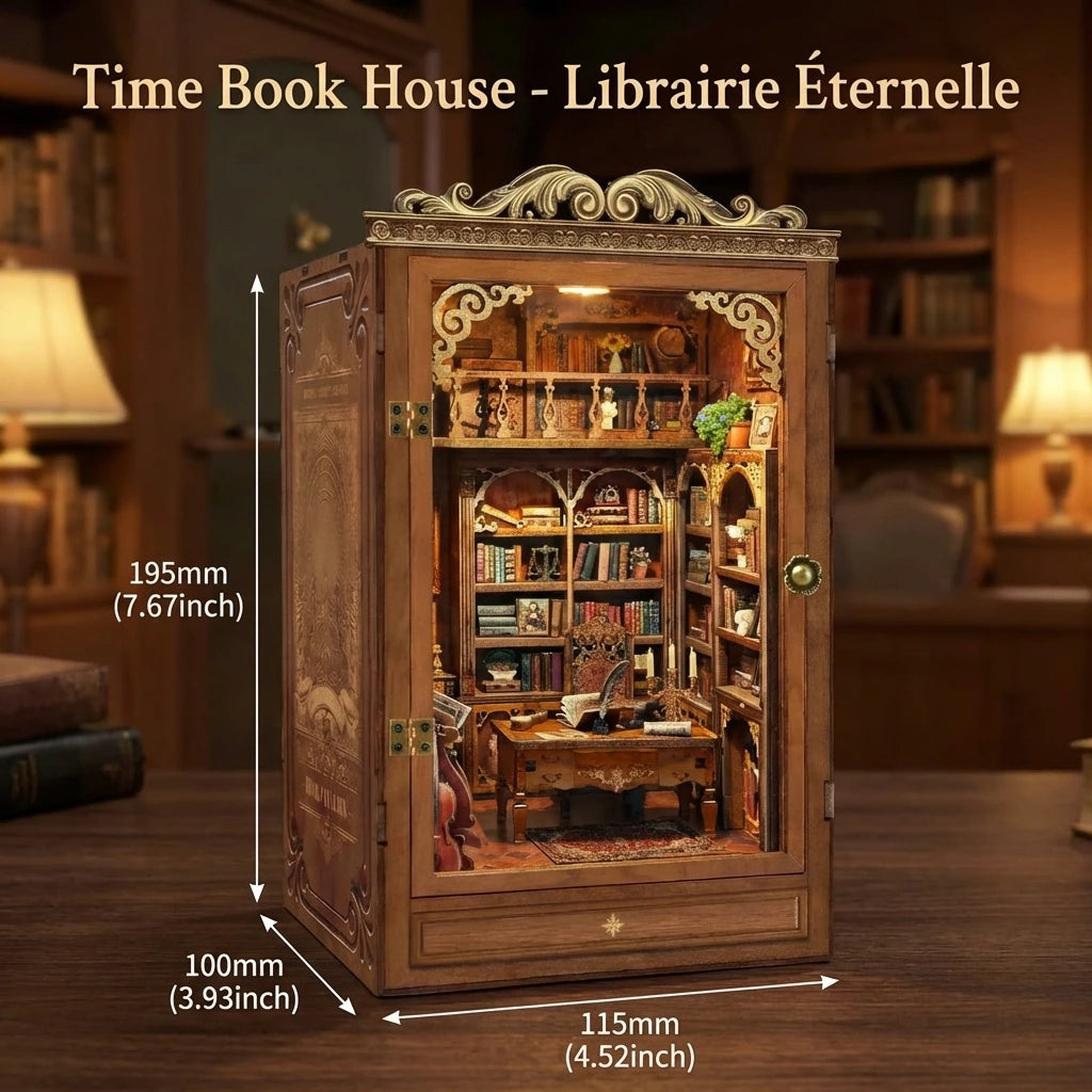 Book Nook en bois thème Time Book House - Librairie Éternelle, vue avec Dimensions, éclairage LED chaleureux, décoration