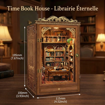 Book Nook en bois thème Time Book House - Librairie Éternelle, vue avec Dimensions, éclairage LED chaleureux, décoration