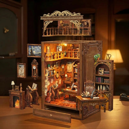 Book Nook en bois thème Time Book House - Librairie Éternelle, vue Vue Éclatée, éclairage LED chaleureux, décoration Nook-It.