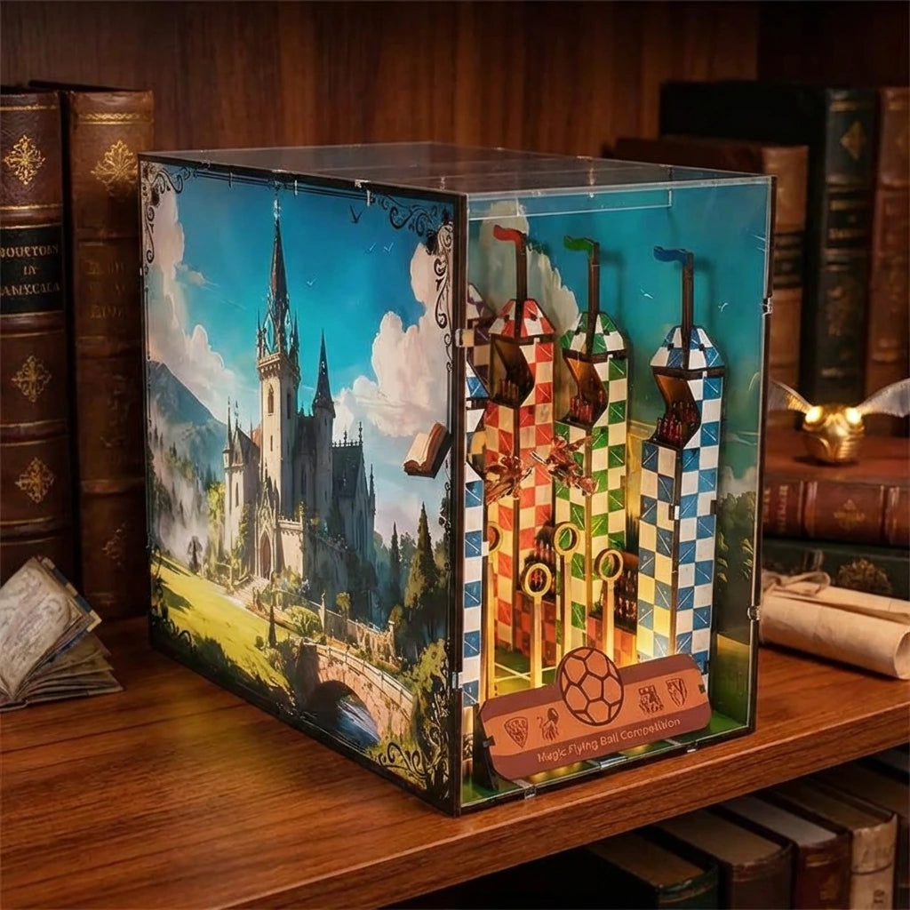 Book Nook en bois thème Tournoi de Quidditch, vue Angle 45°, éclairage LED chaleureux, décoration Nook-It.