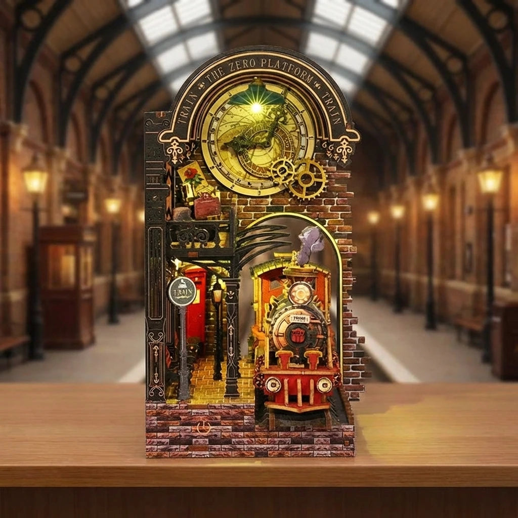 Book Nook en bois thème Train Mythique Londonien, vue Face, éclairage LED chaleureux, décoration Nook-It.