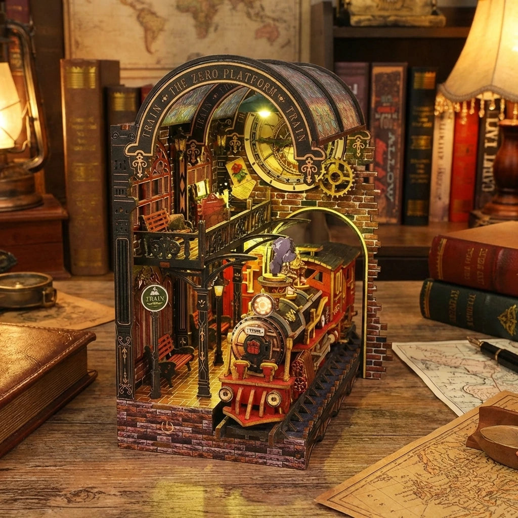 Book Nook en bois thème Train Mythique Londonien, vue Plongeante, éclairage LED chaleureux, décoration Nook-It.