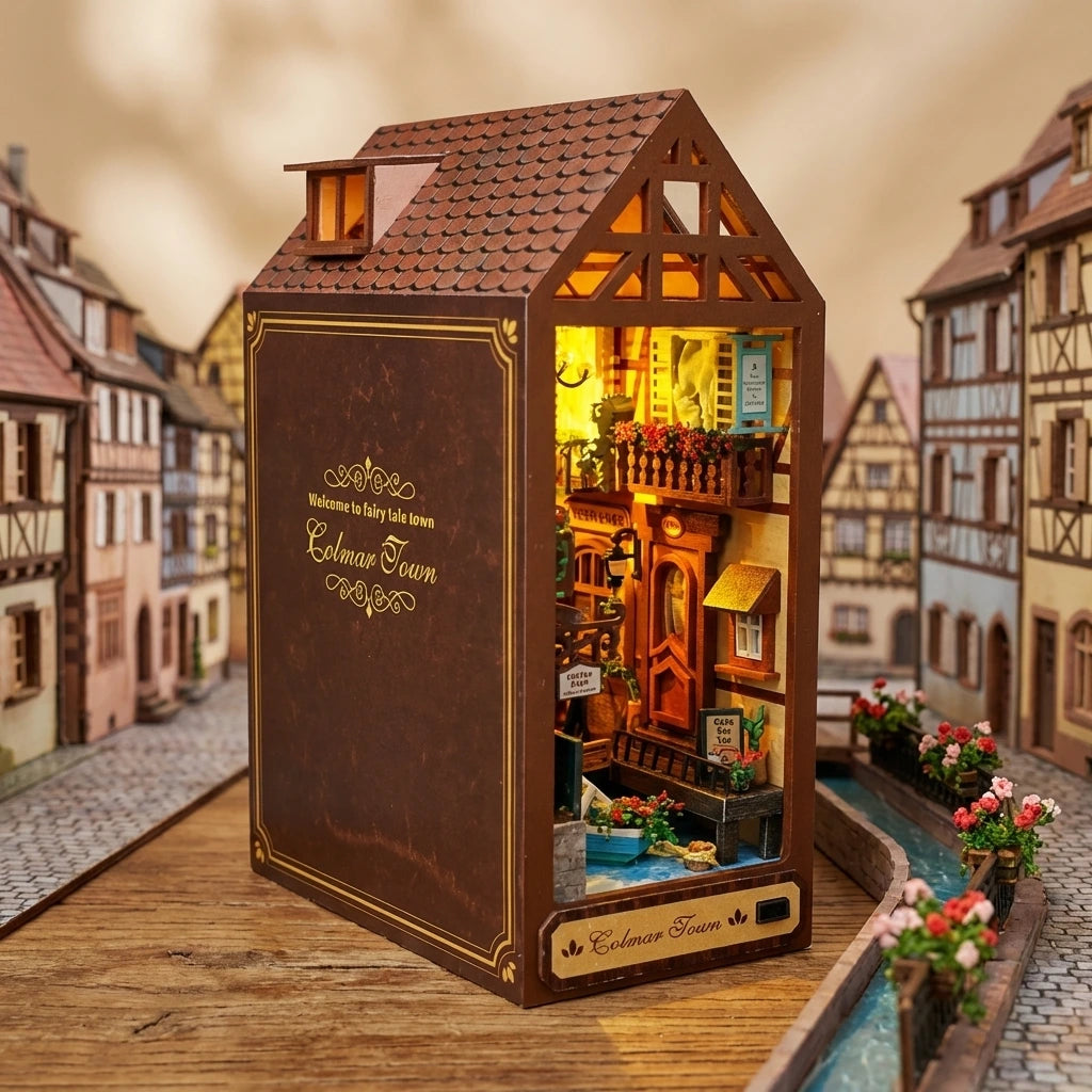 Book Nook en bois thème Ville de Colmar, vue profil, éclairage LED chaleureux, décoration Nook-It.