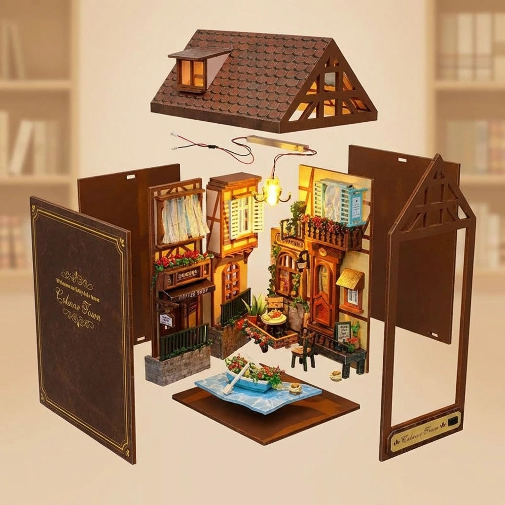 Book Nook en bois thème Ville de Colmar, vue Éclatée, éclairage LED chaleureux, décoration Nook-It.