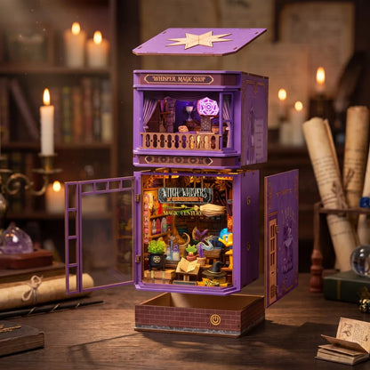 Vue éclatée du book nook Whisper Magic Shop : toit, étage, vitrine, flanc et socle