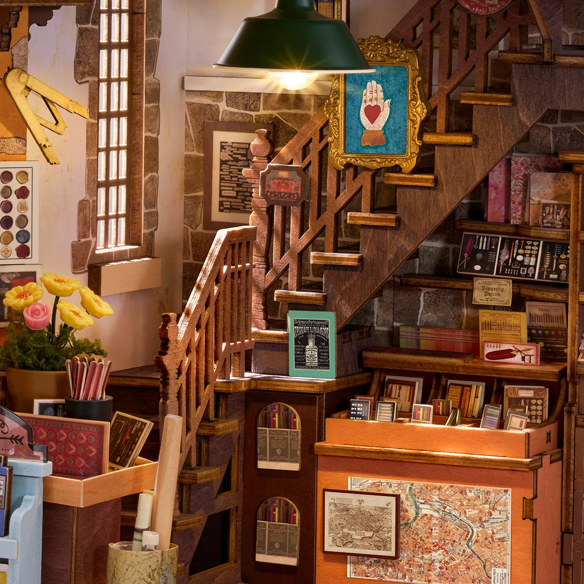Escalier en bois du book nook Wisdom Stationery Shop menant à la mezzanine