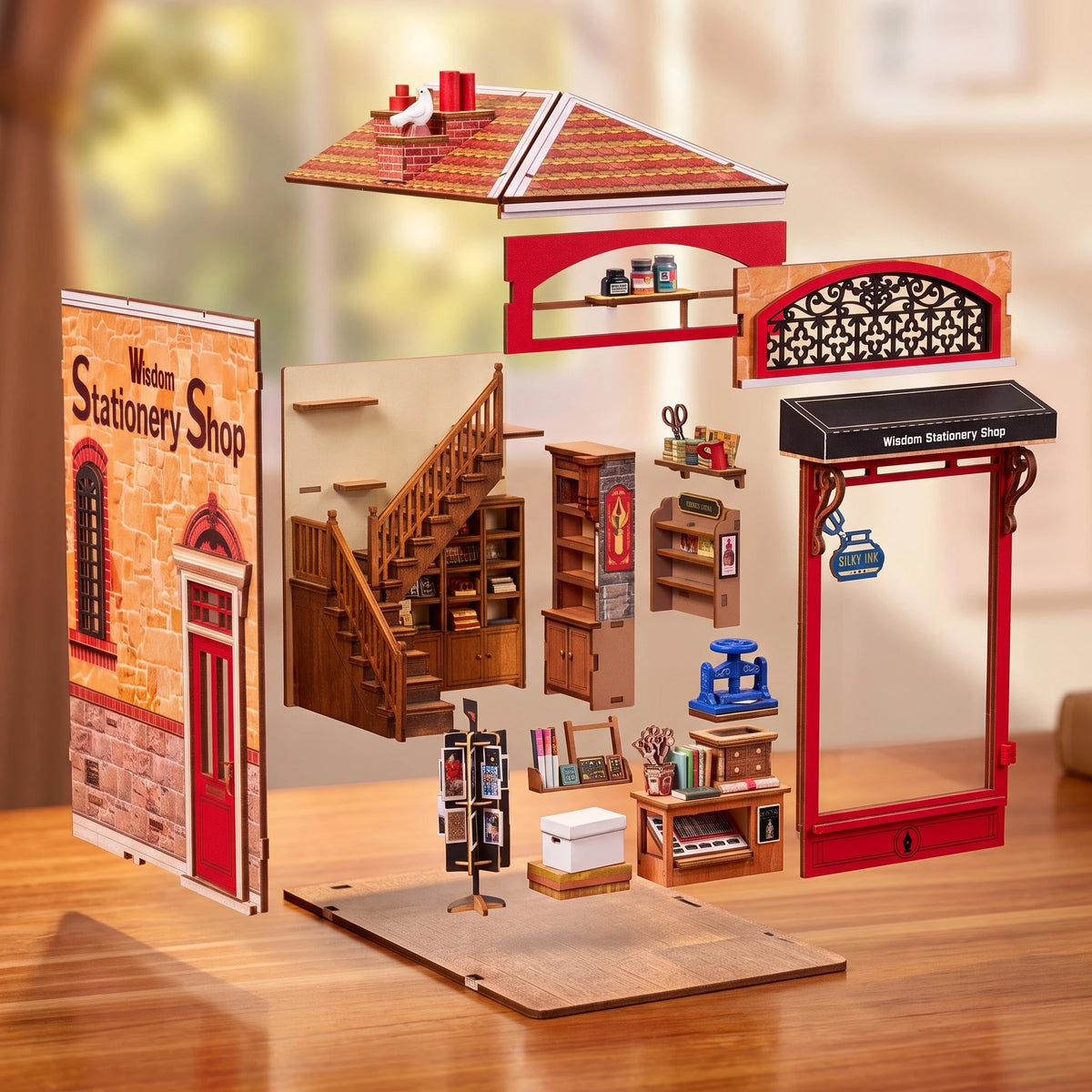 Vue éclatée du book nook Wisdom Stationery Shop avec murs, escalier et meubles séparés
