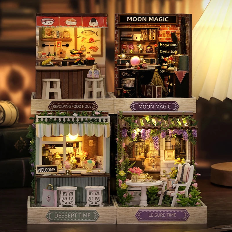 Lot de 4 scènes miniature du même style, Moon magic, Revolving Food House, Dessert Time, Leisure Time, vue de face, Nook-It décoration