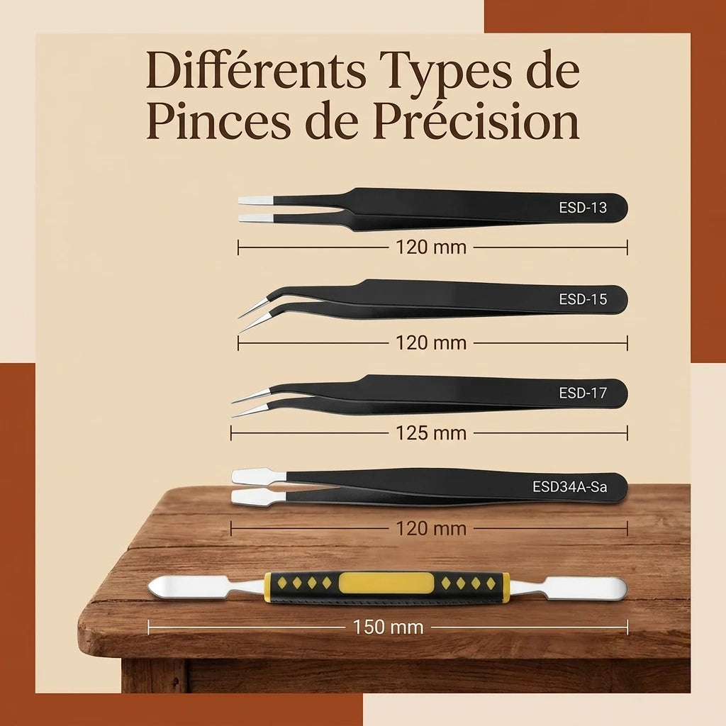 Type d'outil pinces anti statique de précision présents dans le set de 10 pinces. avec dimensions.