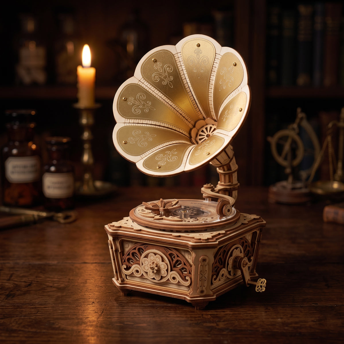 Gramophone Diva en bois dans une ambiance nocturne feutrée, cabinet de curiosités victorien