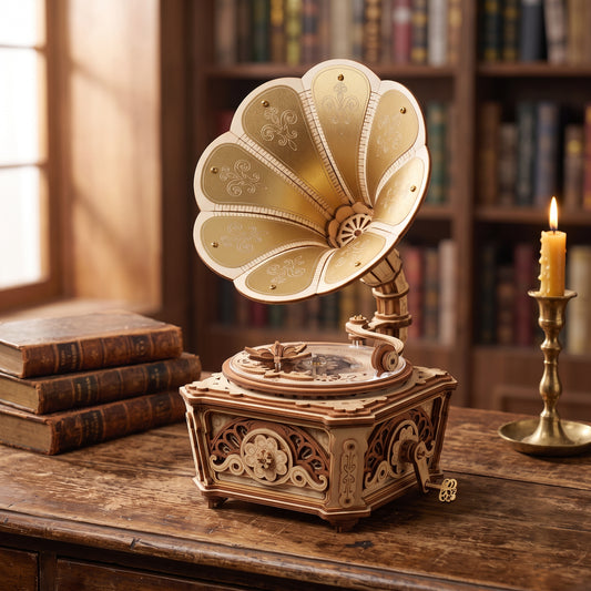 Gramophone Diva en bois assemblé, pavillon doré à six pétales, vue de face sur un bureau