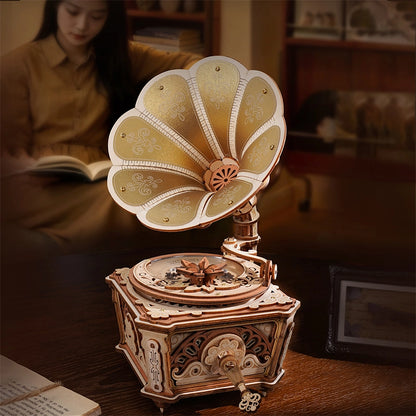 Gramophone Diva en bois posé sur une table près d'une bibliothèque, ambiance lecture cocooning