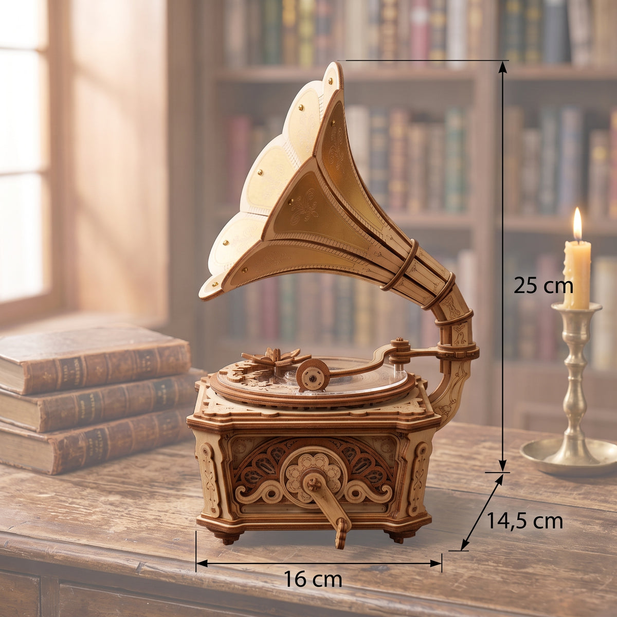 Dimensions du Gramophone Diva en bois : 25 cm de hauteur, 16 cm de largeur, 14,5 cm de profondeur
