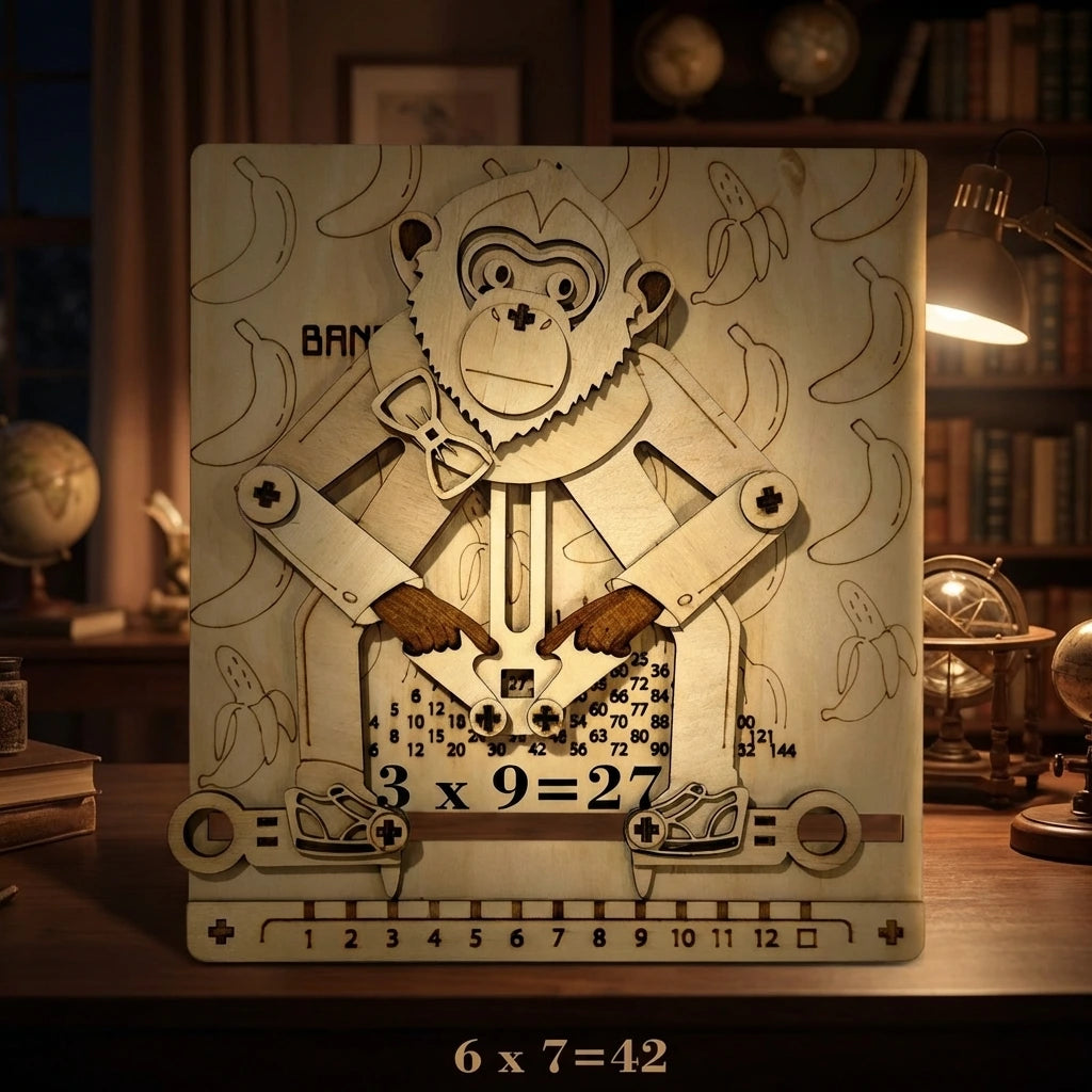 Puzzle 3D en bois thème le singe calculateur Éducatif, vue Ambiance Nuit, éclairage externe mettant en valeur la maquette, décoration Nook-It.