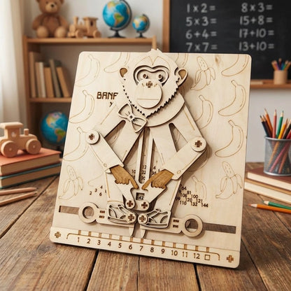 Puzzle 3D en bois thème singe calculateur Éducatif, vue Angle 45°, éclairage externe mettant en valeur la maquette, décoration Nook-It.