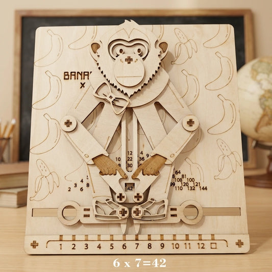 Puzzle 3D en bois thème singe calculateur Éducatif, vue Face, éclairage externe mettant en valeur la maquette, décoration Nook-It.
