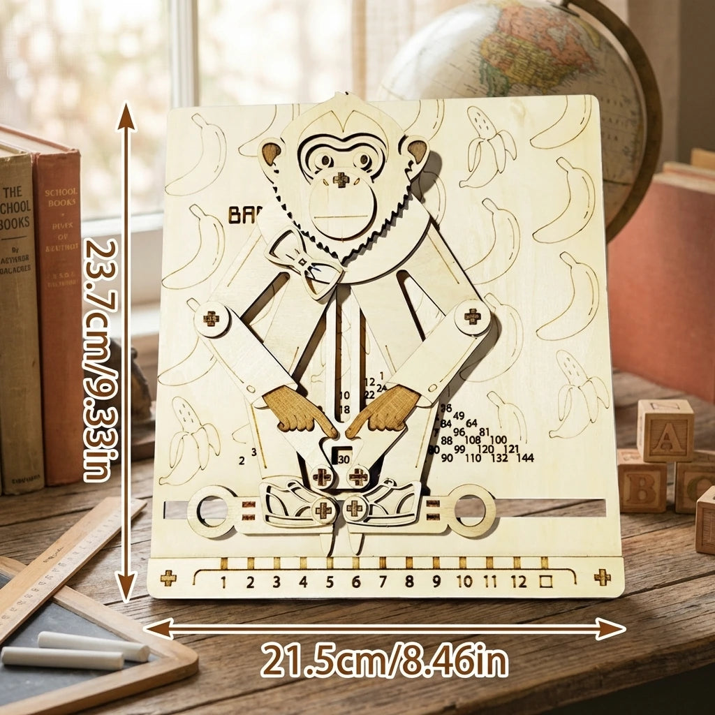Puzzle 3D en bois thème singe calculateur Éducatif, vue avec Dimensions, éclairage externe mettant en valeur la maquette, décoration Nook-It