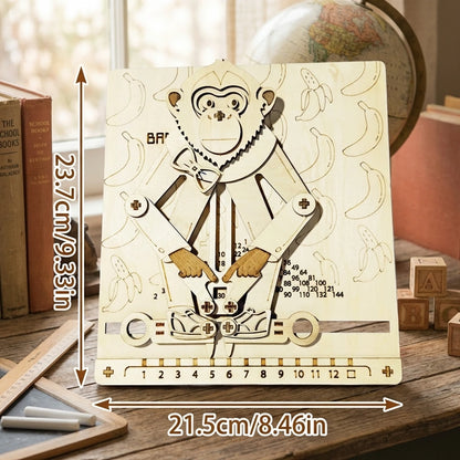 Puzzle 3D en bois thème singe calculateur Éducatif, vue avec Dimensions, éclairage externe mettant en valeur la maquette, décoration Nook-It