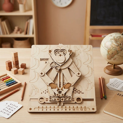 Puzzle 3D en bois thème singe calculateur Éducatif, vue Plongeante, éclairage externe mettant en valeur la maquette, décoration Nook-It.
