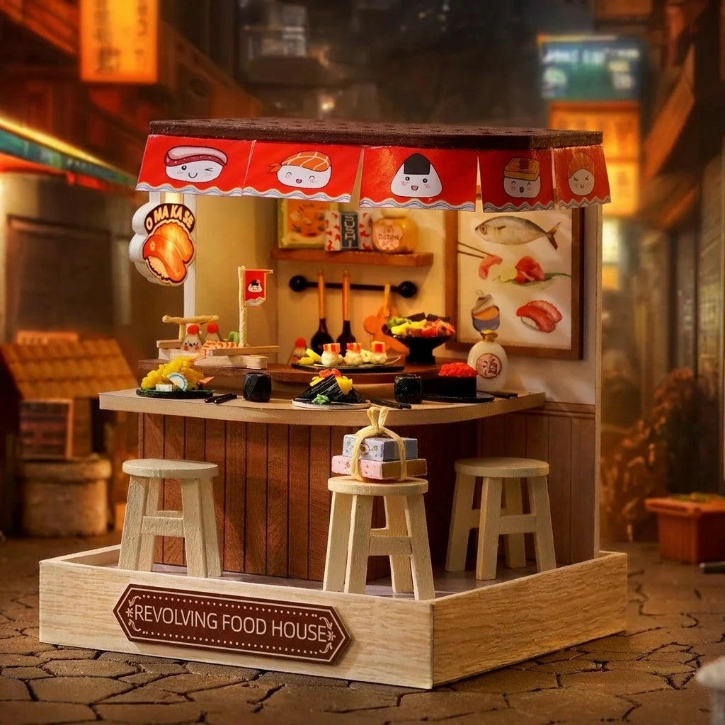 Scène miniature bar à sushi japonais en bois, vue de trois quarts avec tabourets ronds