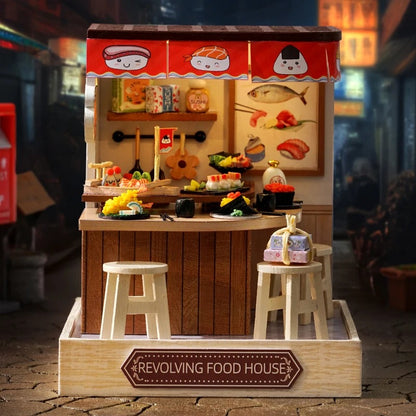 Bar à sushi tournant miniature en bois éclairé LED, enseigne Omakase et store rouge