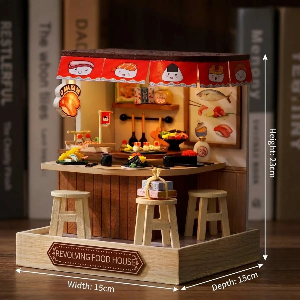 Dimensions du bar à sushi tournant miniature assemblé en bois : 9 x 9 x 11,5 cm