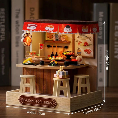 Dimensions du bar à sushi tournant miniature assemblé en bois : 9 x 9 x 11,5 cm