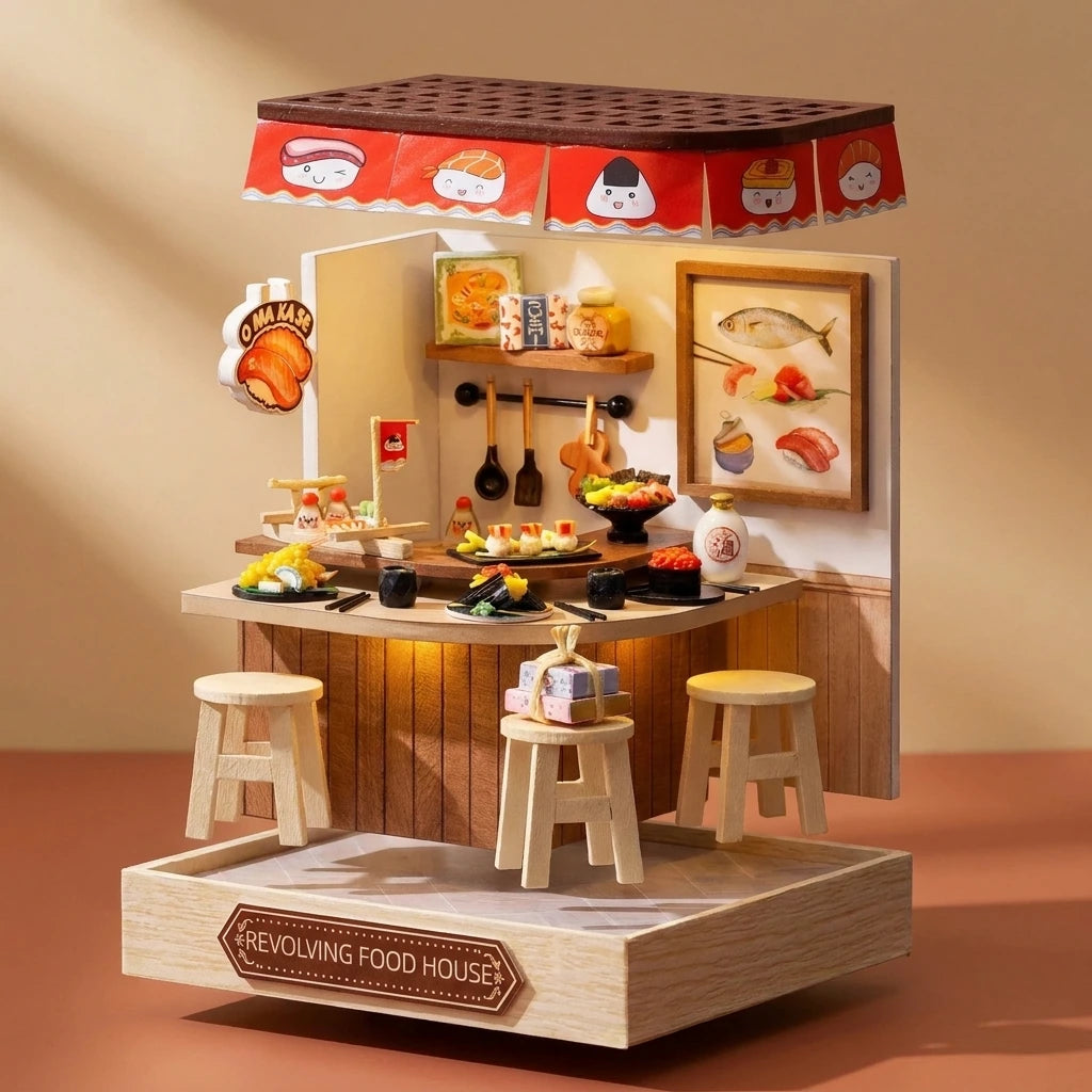 Vue éclatée des pièces détachées en bois du bar à sushi tournant miniature à assembler