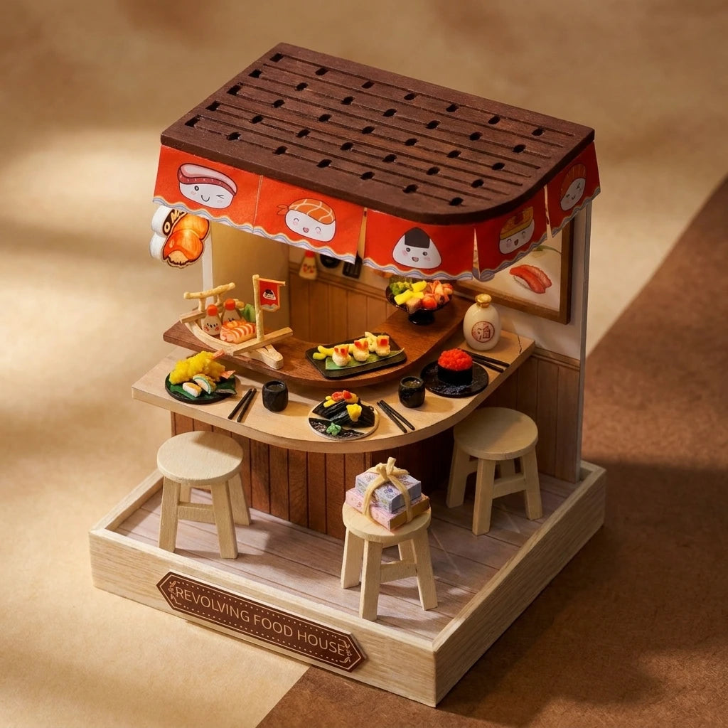 Vue plongeante du bar à sushi tournant miniature en bois montrant l'agencement du comptoir japonais