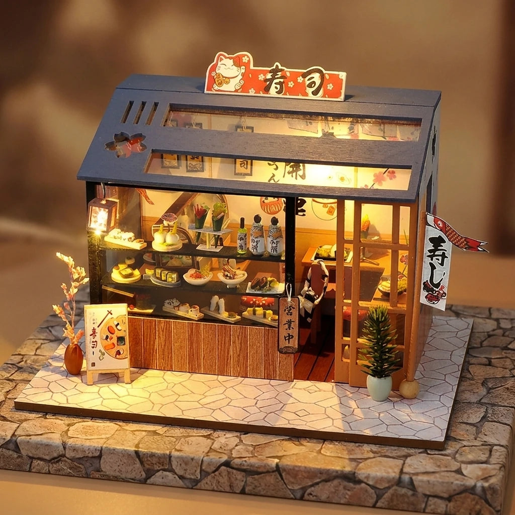 Maison miniature Échoppe à Sushi japonaise en bois illuminée LED, enseigne chat porte-bonheur, vue de trois quarts
