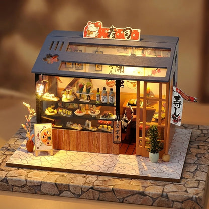 Maison miniature Échoppe à Sushi japonaise en bois illuminée LED, enseigne chat porte-bonheur, vue de trois quarts