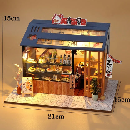 Dimensions de l'Échoppe à Sushi miniature en bois : 21 cm de large, 15 cm de haut