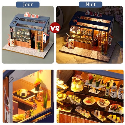 Échoppe à Sushi miniature en bois, comparaison de l'éclairage LED de jour et de nuit
