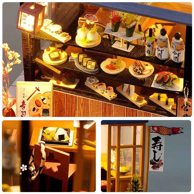 Détails de l'Échoppe à Sushi miniature : vitrine garnie de sushis, plats et bouteilles illuminés