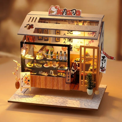 Échoppe à Sushi miniature en bois assemblée, vue de face de la devanture japonaise illuminée