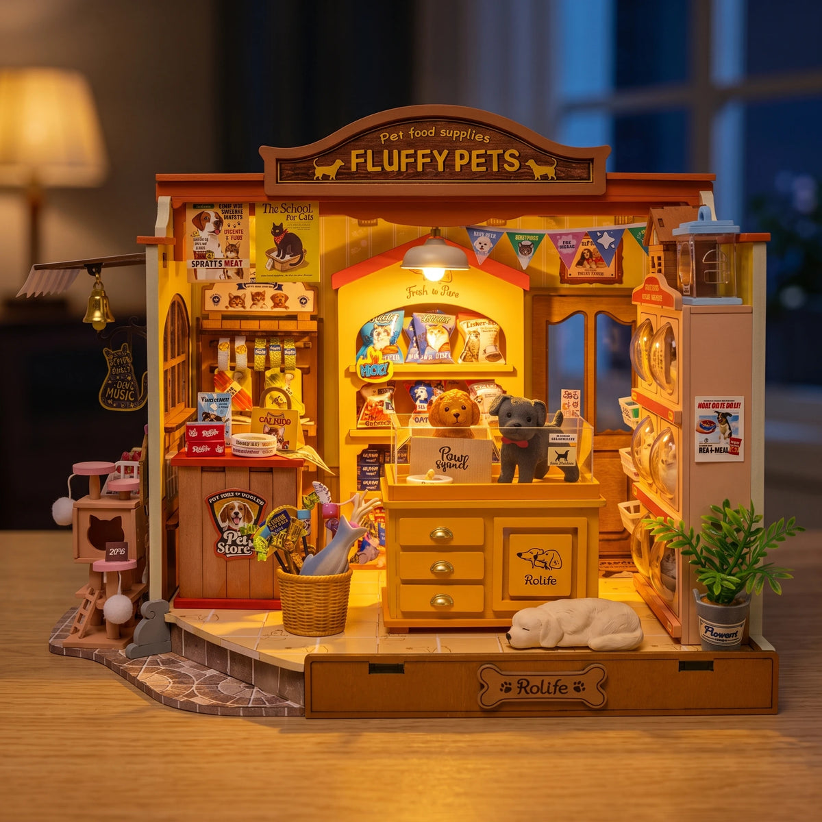Maison miniature Fluffy Pets illuminée la nuit, plafonnier LED ambré et casiers à chats