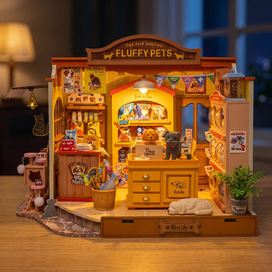 Maison miniature Fluffy Pets illuminée la nuit, plafonnier LED ambré et casiers à chats