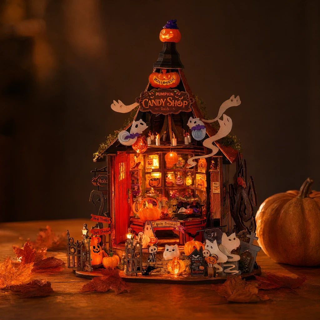 Haunted Candy House la nuit, maison miniature en bois, lueur LED chaude et decor phosphorescent