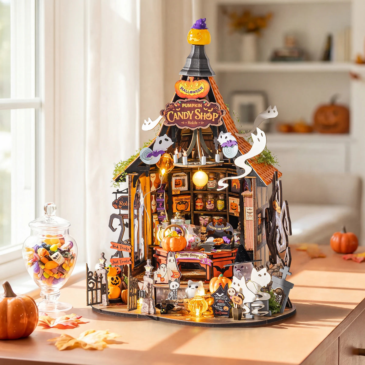 Haunted Candy House en trois-quarts, maison miniature en bois, lueur LED chaude