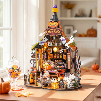 Haunted Candy House en trois-quarts, maison miniature en bois, lueur LED chaude