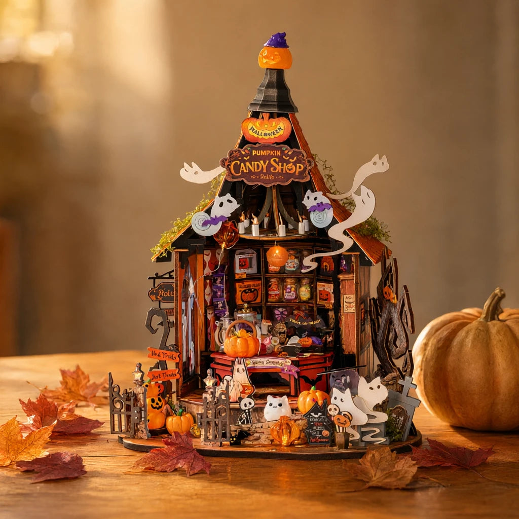 Haunted Candy House, maison miniature sur un bureau en bois, vue de face decor Halloween
