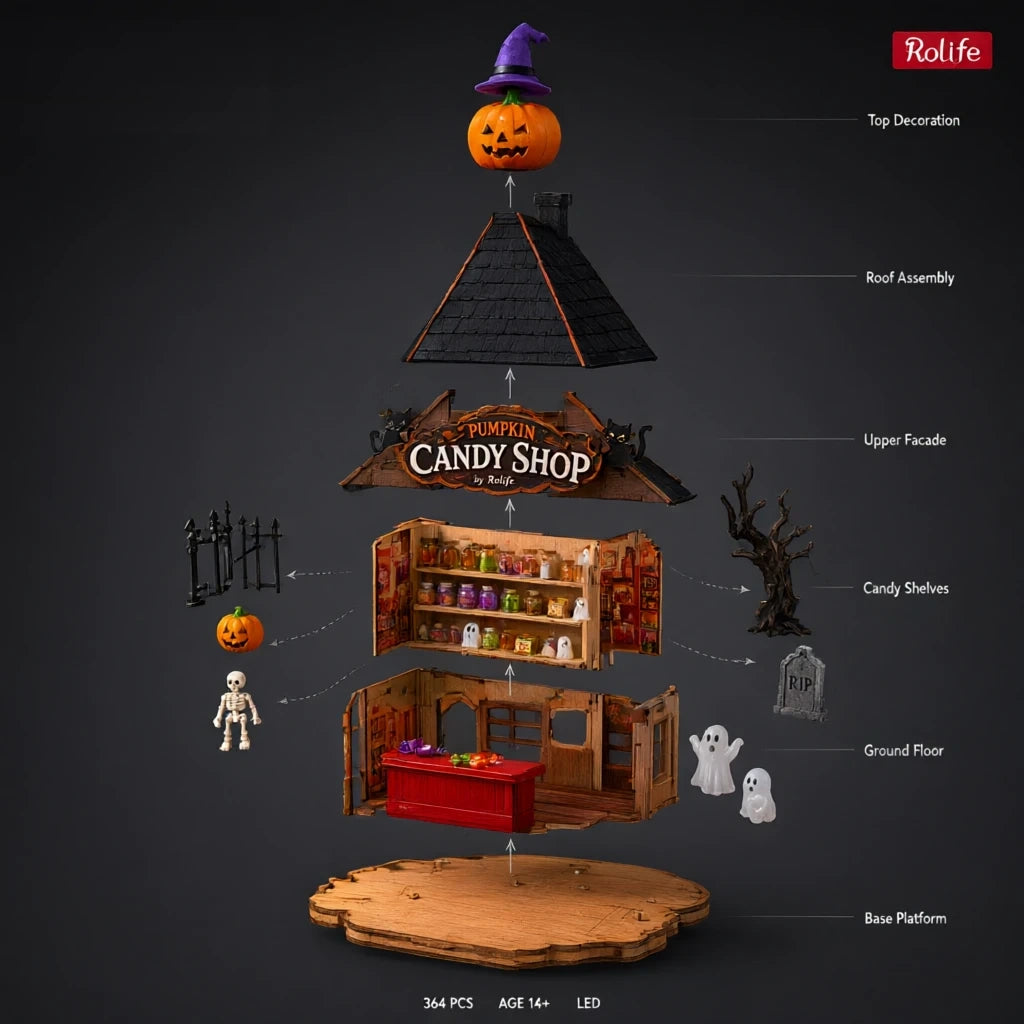 Vue eclatee 3D des pieces de la maison miniature Haunted Candy House en bois
