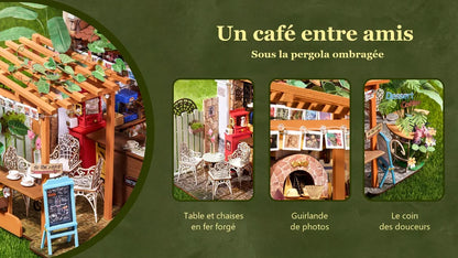 Pergola ombragée du Leafree Café, chaises, guirlande de photos et coin desserts