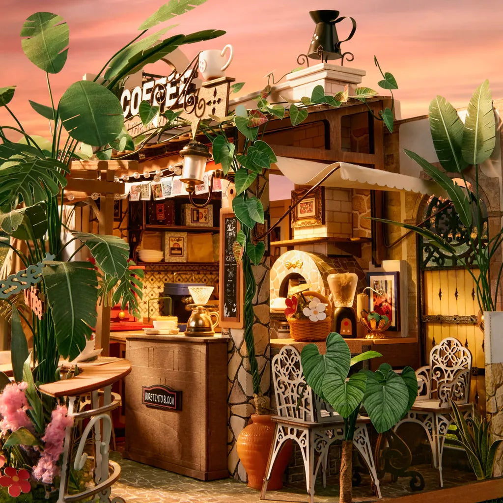 Terrasse de la maison miniature Leafree Café au coucher du soleil, four et comptoir