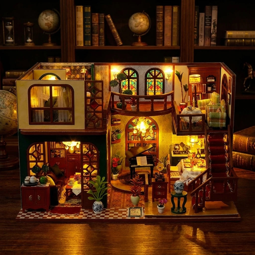 Maison Miniature en bois thème Maison Ancienne Européenne, vue Ambiance Nuit, éclairage LED chaleureux, décoration Nook-It.