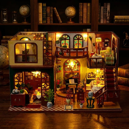 Maison Miniature en bois thème Maison Ancienne Européenne, vue Ambiance Nuit, éclairage LED chaleureux, décoration Nook-It.