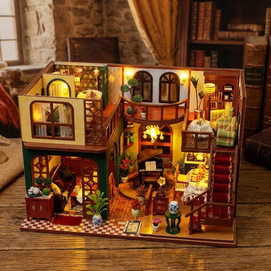 Maison Miniature en bois thème Maison Ancienne Européenne, vue Angle 45°, éclairage LED chaleureux, décoration Nook-It.
